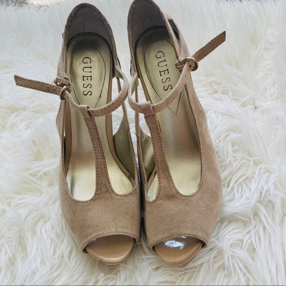 Guess | Nude T-Strap Suede Heels - Picture 3 of 7